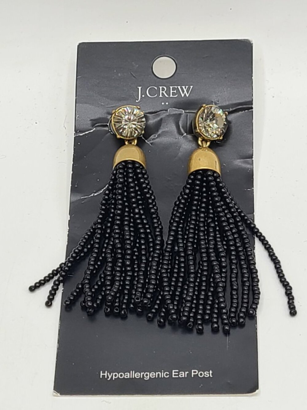 J Crew Black Tassel Crystal Drop Earrings NWT